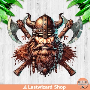 May include: A digital illustration of a Viking warrior with a horned helmet and a long beard. He is holding two axes crossed in front of him. The background is a wooden plank.