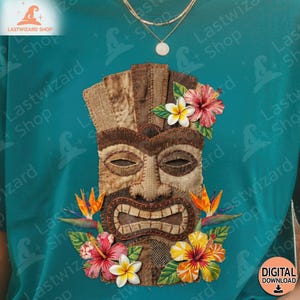 Hawaiian Tiki Patchwork PNG Sublimation Design, Tropical Hibiscus Flower Summer Shirt Clipart, Aloha Tiki Mask Fabric Texture Digital File