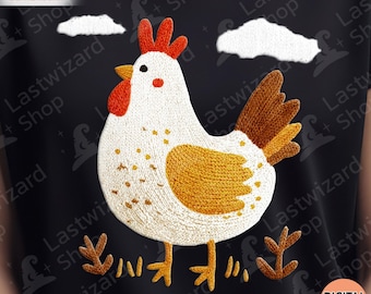 Cozy Farm Chicken Embroidery PNG Sublimation, Cute Knitted Hen Illustration, Country Style Chicken Faux Yarn Design for Shirts and Crafts