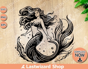 Dark Siren Mermaid Tattoo SVG PNG Gothic Sea Witch Stencil Cricut Silhouette Mystical Ocean Horror Girl Vinyl Decal Clipart Digital Download