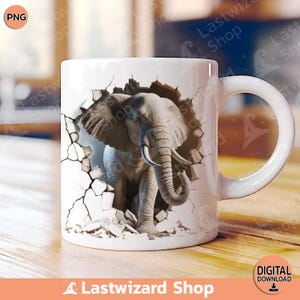 3D Elephant Hole Wall Cracked Mug Wrap 11oz & 15oz Mug Wrap Template, Elephant Mug Sublimation Design, Animal Forest, Wildlife Viewer