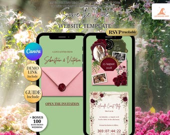 Pink, Green & Burgundy Floral Save the Date Website Electronic Invite with RSVP | Romantic Garden Canva Wedding Template for  Phone Card