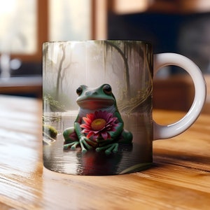3D Frog with Flower in Swamp Mug Wrap 11oz & 15oz Mug Wrap Template, Mug Sublimation Design, Digital Download, Frog Lovers, Frog Sound