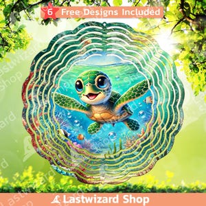 May include: A metal wind spinner with a colorful design of a turtle swimming in the ocean. The spinner has multiple layers and is designed to spin in the wind. The design includes a blue ocean, green seaweed, and bubbles.