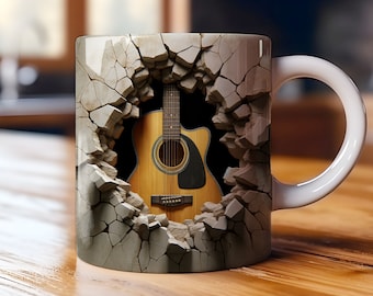 3D Acoustic Guitar Mug Wrap: Cracked Wall Design (11oz & 15oz) (Digital Download)