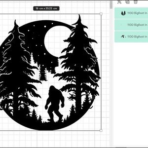 May include: Black and white silhouette of Bigfoot walking through a forest with a full moon in the background.