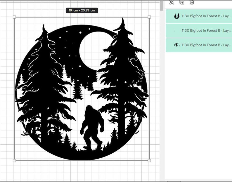 May include: Black and white silhouette of Bigfoot walking through a forest with a full moon in the background.