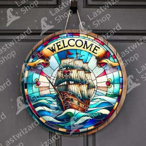 Pirate Ship Stained Glass Round Sublimation Door Hanger PNG Design, Welcome Door Sign 12 Inch Round PNG, Wreath Sign, Digital Download