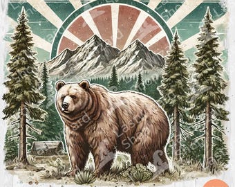 Watercolor Bear Scene PNG: Forest Sunset Clipart (Digital Download)