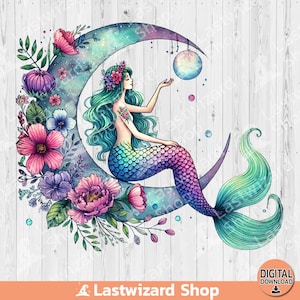 Watercolor Mermaid on Moon PNG, Celestial Siren Sublimation Design, Fantasy Ocean Digital Art, Mystic Sea Creature T-Shirt Graphic