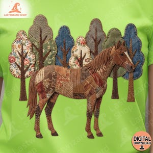 May include: A green t-shirt featuring a patchwork horse design with a forest backdrop. The horse is brown with a white stripe on its face. The trees are various colors and patterns. The text "LASTWIZARD SHOP" is visible.