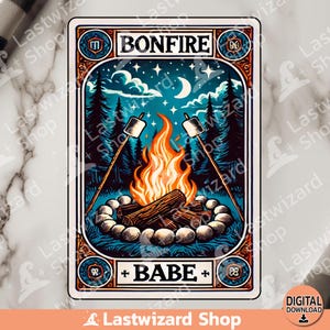Carta del tarot Bonfire Babe PNG, diseño de sublimación de fogata, clipart de fogata de acuarela, campista de verano PNG, carta del tarot vintage, digital