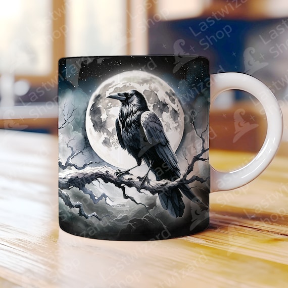 Dark Raven Full Moon Mug Wrap PNG, Viking Norse Mythology Sublimation Design, Gothic Crow Night Sky 11oz 15oz Coffee Cup Digital Download