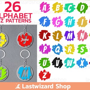 May include: 26 alphabet letter patterns in different colors. Each letter is in a white circle with a colorful outline. The letters are in a paint-splattered style. The image also shows two keychains with personalized names.