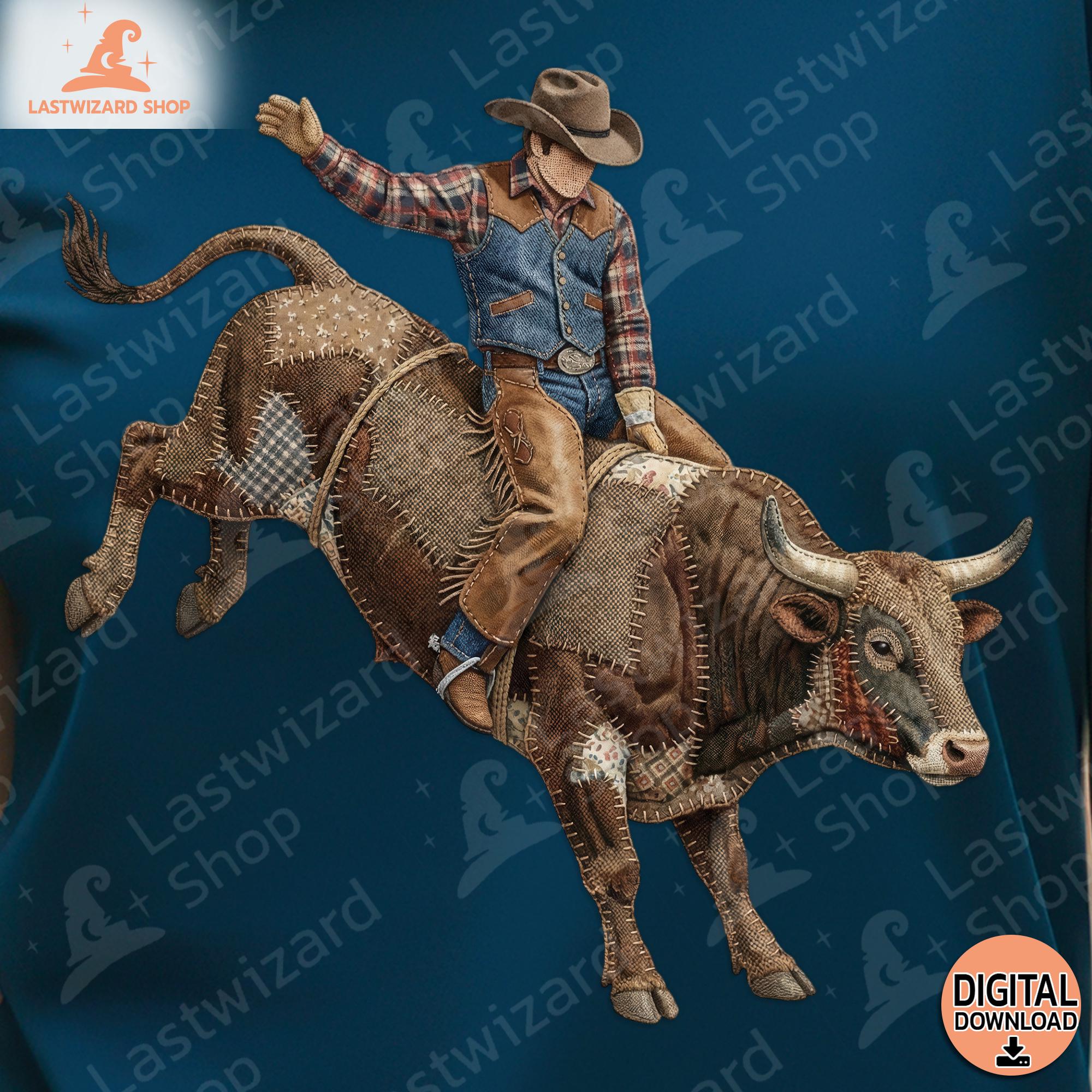 Retro Cowboy Riding Bucking Bull PNG, Patchwork Rodeo Sublimation ...