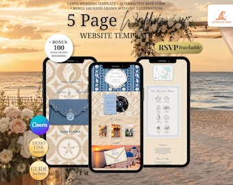 Coastal Blue & Ivory Beach Wedding Website Invitation with RSVP, Music and Countdown Timer | Mediterranean Editable Canva Digital Invitation