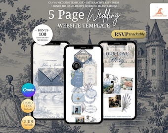 Dusty Blue French Toile Wedding Website Template: French Countryside Canva Wedding Website with RSVP | Mobile-Friendly for Paperless Couple