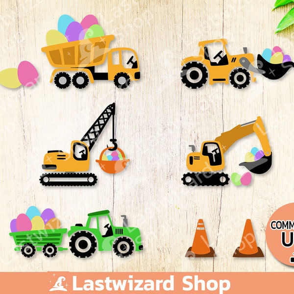 Construction Fleet Easter Svg, Easter Egg, Tractor, Excavator, Crane, Dump Truck, Bulldozer, Png, Cricut, Gift for Teen Boy, Boy Nursery