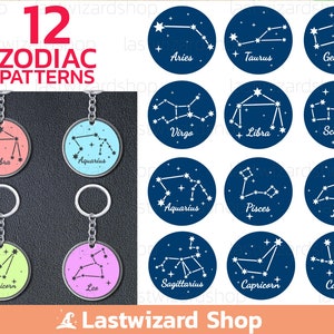 12 Star Zodiac Keychain Svg, Zodiac Jewelry, Keyring Background Svg, Zodiac Art Print, Zodiac Key Fob Svg, Keychain Patterns Png Eps Dxf
