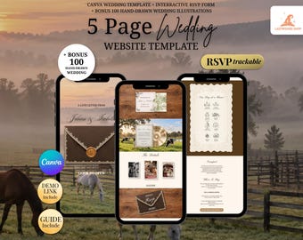 Rustic Countryside Wedding Website Template | Brown and Ivory Canva Wedding Website, RSVP | Digital Invitation, Elopement Announcement