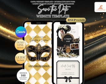 Black Gold Masquerade Wedding Website, Save the Date Invitation with RSVP, Venetian Mask Editable Canva Template