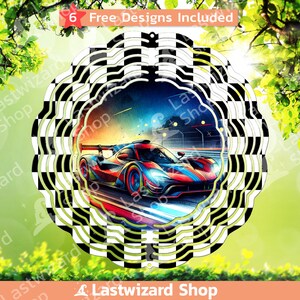 May include: A metal wind spinner with a checkered pattern and a colorful image of a race car speeding on a track. The wind spinner has six layers and is designed to spin in the wind.