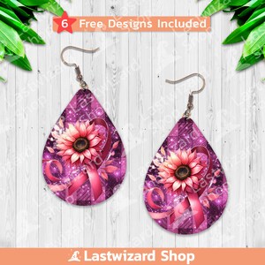 May include: A pair of pink and purple teardrop-shaped earrings with a pink ribbon and sunflower design. The earrings are on a white wooden background. 6 Free Designs Included.