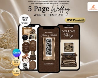 Brown Photo Booth Wedding Website Template | Vintage Wood Canva Wedding Website, RSVP & Live Countdown | Digital Invitation, Save the Date