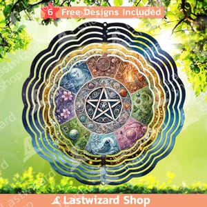 May include: A colorful metal wind spinner with a pentagon design in the center. The pentagon has a five-pointed star inside and is surrounded by 12 smaller circles. The wind spinner has 6 layers and is designed to spin in the wind. The text "6 Free Designs Included" is visible at the top of the image.