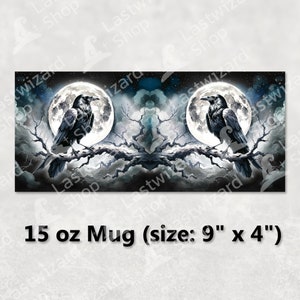 High-resolution raven and moon landscape mug template with transparent background for Viking themed gift crafting.
