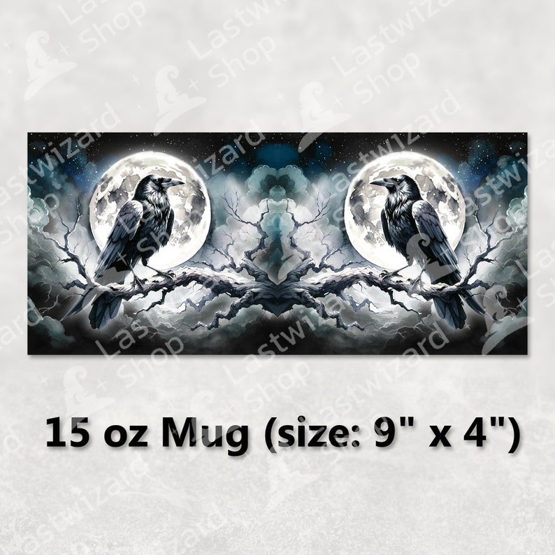 High-resolution raven and moon landscape mug template with transparent background for Viking themed gift crafting.