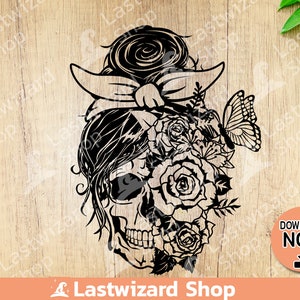 May include: Black and white silhouette of a skull with a messy bun, wearing a bandana and surrounded by flowers and a butterfly.