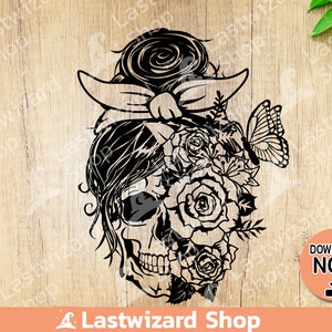 Half Floral Svg, Half Skull Svg with Butterfly, Rose Skull Female Tattoo Svg, Png, Dxf Cut Files - Cricut, Silhouette, Gift for Halloween