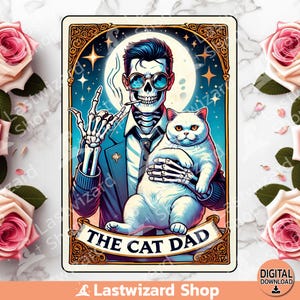Carta del tarot del gato papá PNG, diseño de sublimación, carta del tarot esqueleto, gato papá PNG, día del padre, carta del tarot del gato PNG, regalo para papá gato dueño de un gato