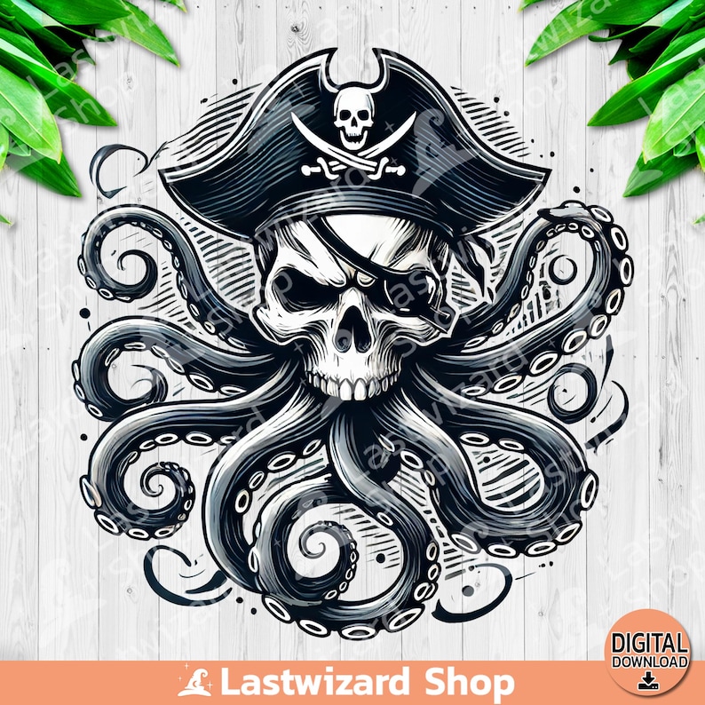 Watercolor pirate octopus tentacles wrapping around a skull png clipart for gothic nautical sublimation shirts and tumbler crafts.