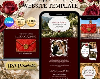 Editable Wedding Invitation Template RSVP For Old Money & Moody Romance Aesthetic Lovers | Burgundy Wedding Website Canva Vintage Gothic