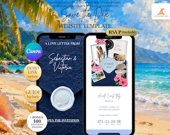 Coastal Bachelorette Save the Date Wedding Website Invitation with RSVP, Music, Countdown: Navy Blue Beach Digital Invitation Canva Template