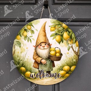 Gnome Lemons Farmer Round Sublimation Door Hanger PNG Design, Summer Fruit Welcome Door Sign 12 Inch Round PNG, Wreath Sign Digital Download