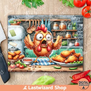 Puede incluir: Un pollo de dibujos animados con los ojos muy abiertos y el pico abierto se encuentra frente a un plato de pollo frito. La imagen incluye una escena de cocina con tomates, pimientos y el texto "Lastwizard Shop".