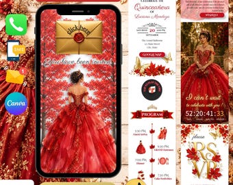 Quinceanera Invitation Template Red – Editable Digital Quince RSVP Website For Sweet 15 16 Birthday – Autumnal Party Invite Canva Template