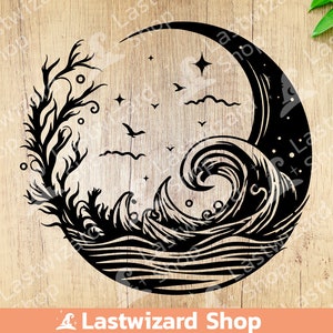 Crescent Moon and Sea SVG PNG File, Lunar Phase Svg, Witchcraft Celestial Moon T shirt, High Tide Tattoo Stencil for Cricut, Engagement Gift
