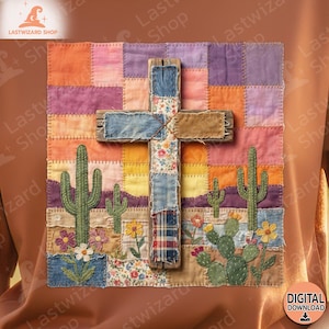 Patchwork Desert Cross PNG Sublimation Design Western Cactus Sunset Shabby Chic Christian Art Digital Download for Print Clipart