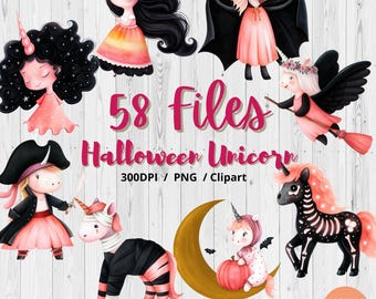 ハロウィンユニコーンのクリップアート | 不気味でかわいいポニーアート (58 PNG デジタルファイル)