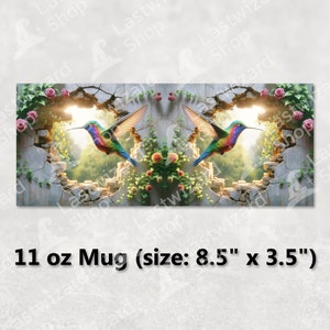 Colorful spring hummingbird flying through a 3D hole floral mug wrap PNG