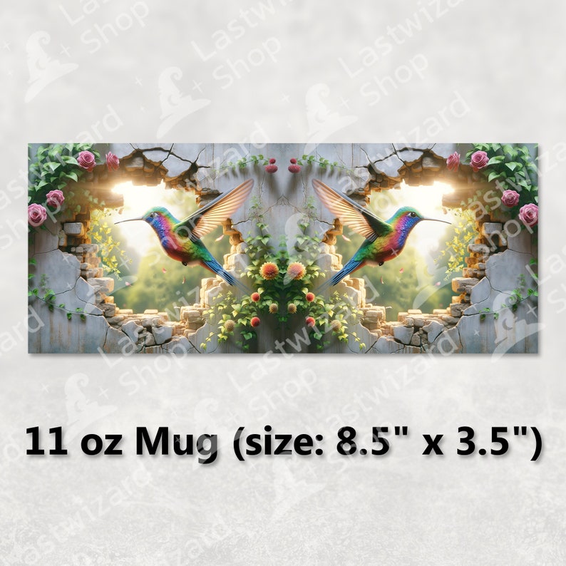 Colorful spring hummingbird flying through a 3D hole floral mug wrap PNG