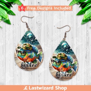 Hooker Ohrringe Sublimationsdesign PNG, Bass Fischen mit Sonnenbrille Camouflage CapTeardrop Ohrring Vorlage, Lake Life Ohrring Rohlinge