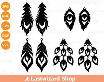 Påfågelfjäderörhänge SVG, exotisk fågel konstläder dingelmall, Boho Teardrop smycken klippfil Cricut silhuett Glowforge laser