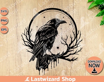 Black Raven with moon svg, Crow Svg, Gothic Svg, Wildlife, Blood svg, Halloween Tattoo, Vinyl Cutter, Cricut, silhouette, png sublimation