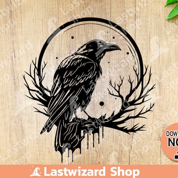 Black Raven with moon svg, Crow Svg, Gothic Svg, Wildlife, Blood svg, Halloween Tattoo, Vinyl Cutter, Cricut, silhouette, png sublimation