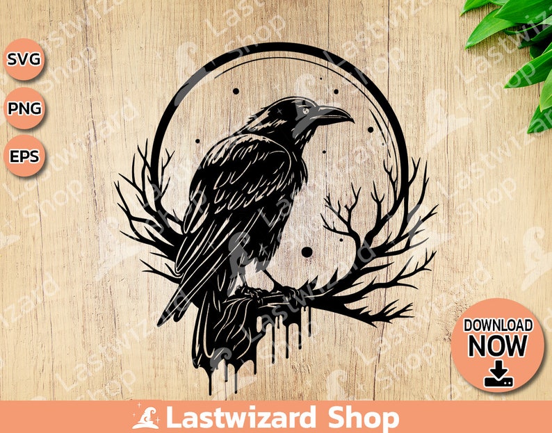 Majestic black raven perched on a crescent moon with gothic celestial details for dark academia sublimation on hoodies and shirts.